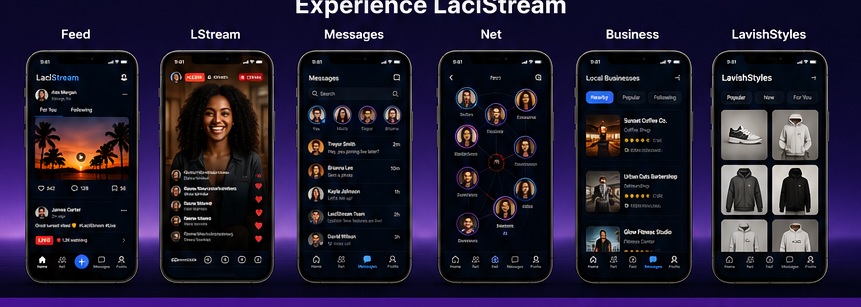LaciStream Feed, LStream, Messages, Net, Business and LavishStyles screens