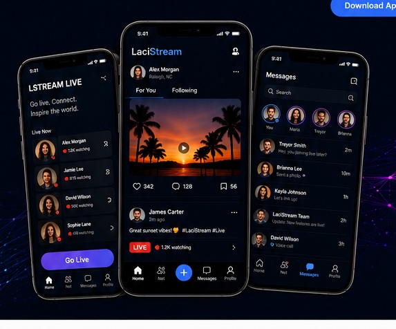 LaciStream app screens showing live streaming, feed and messages